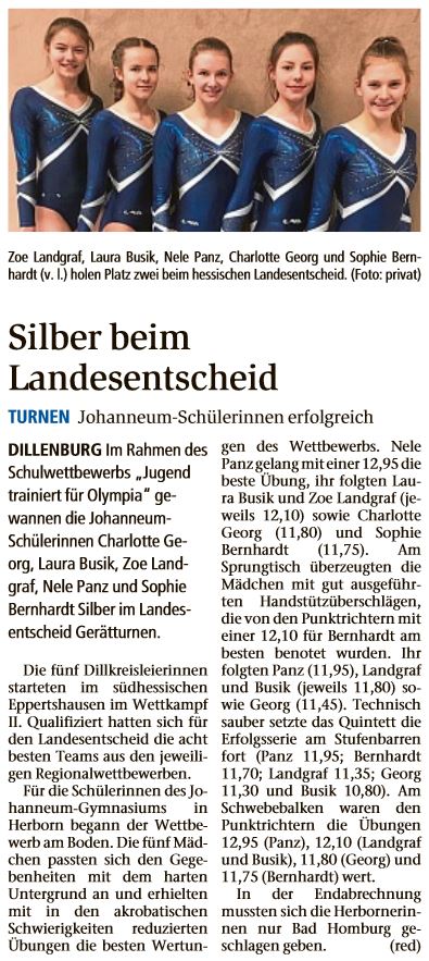 Silber beim Landesentscheid Dill Zeitung vom 01.03.2018